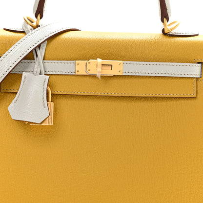 Hermes Chevre Mysore Horseshoe Kelly Sellier 25 Jaune Ambre Bleu Glacier 8 of 11