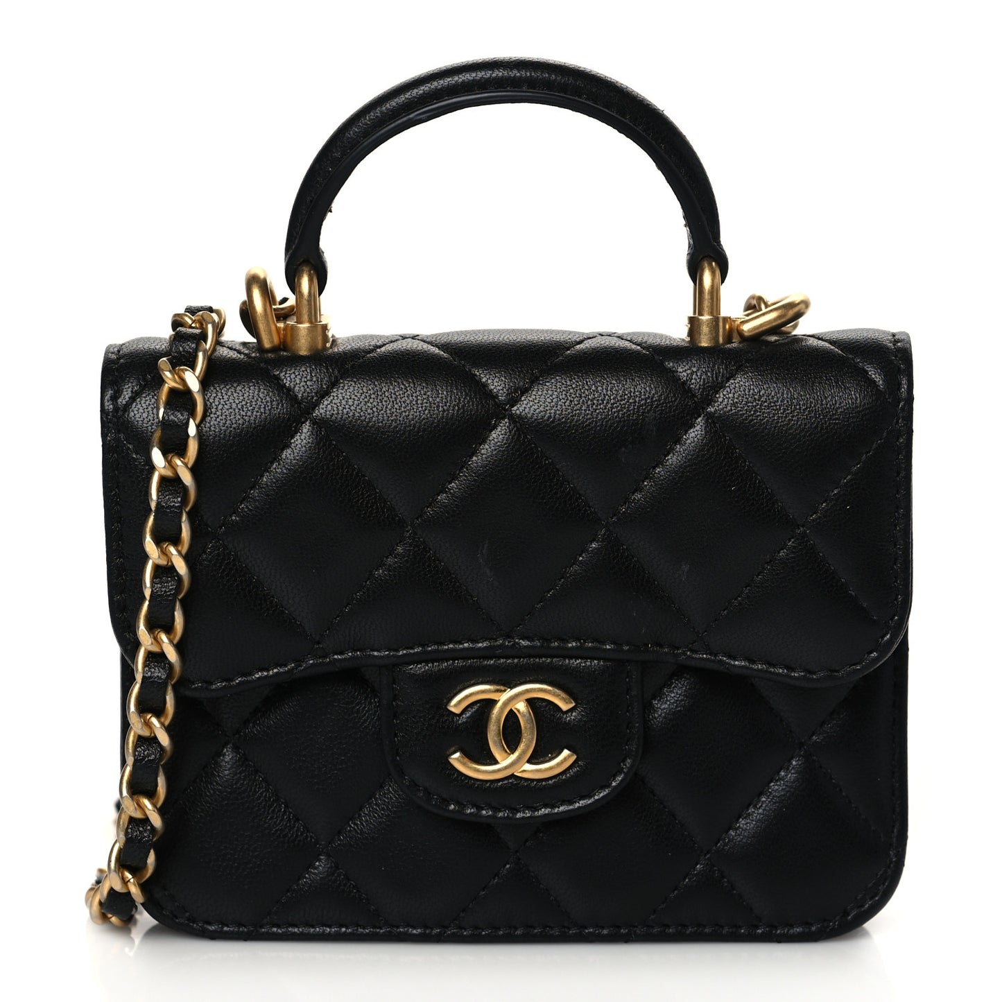 Lambskin Quilted Top Handle Flap Coin Purse With Chain Black