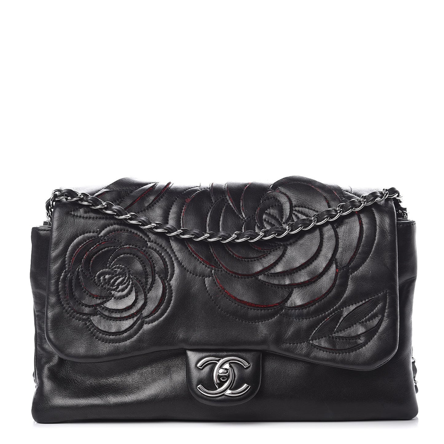 Lambskin Tweed Large Camellia Petals Flap Black