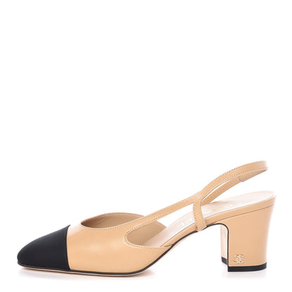 Chanel Goatskin Grosgrain Cap Toe CC Slingback Pumps 38 Beige Black 1 of 8