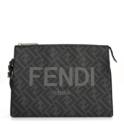 Fendi Shiny Glazed Fabric Vitello Cover FF 1974 Logo Clutch Black 1 of 13