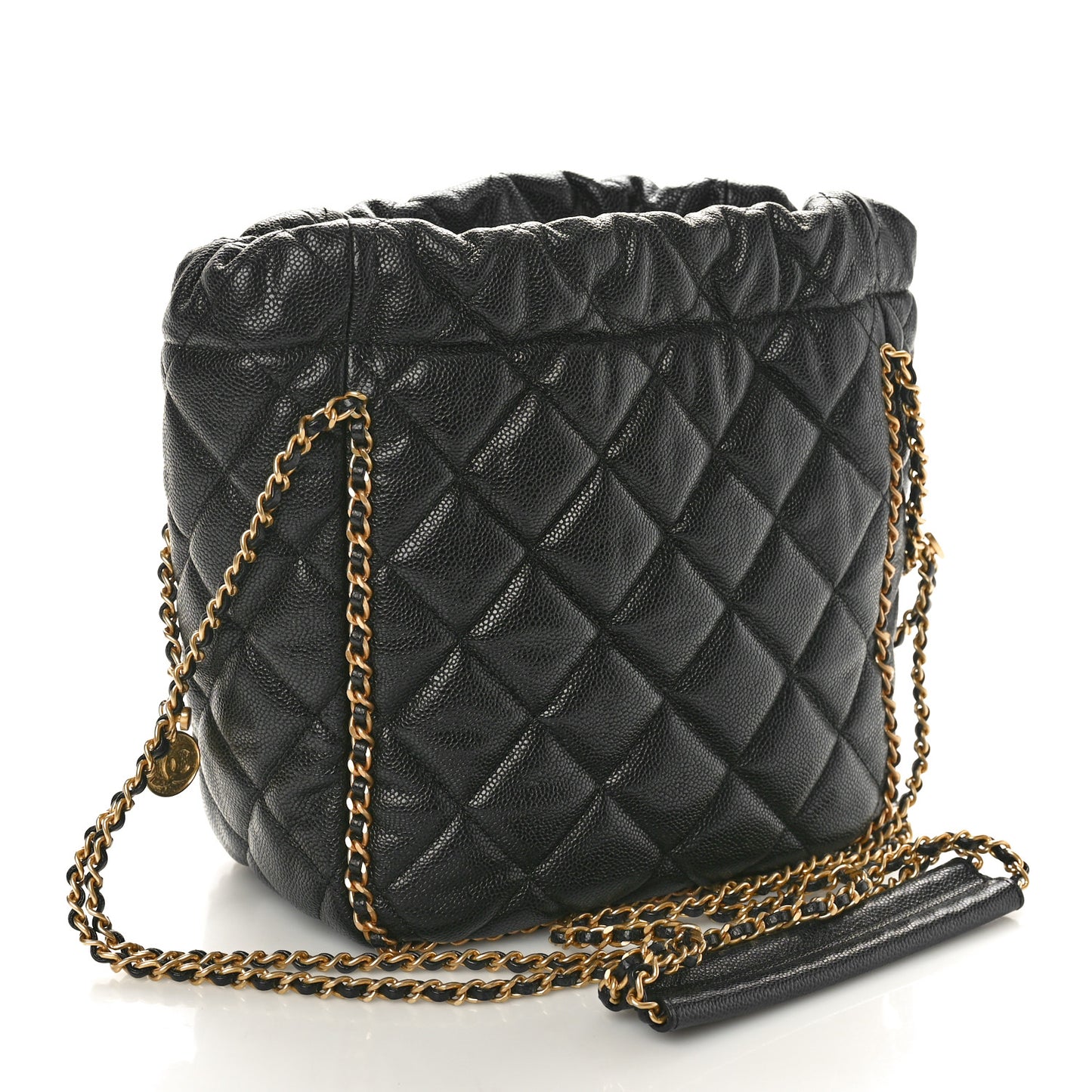 Caviar Quilted Chain Around Multi Chain Bucket Drawstring Bag Black