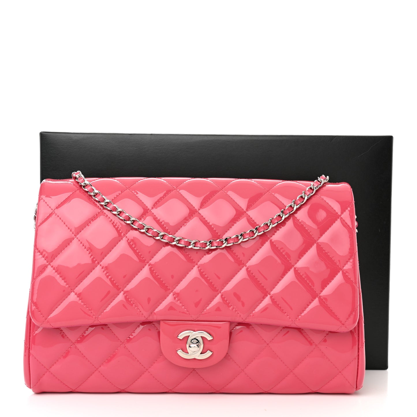 Patent Quilted Clutch with Chain Flap Fuchsia