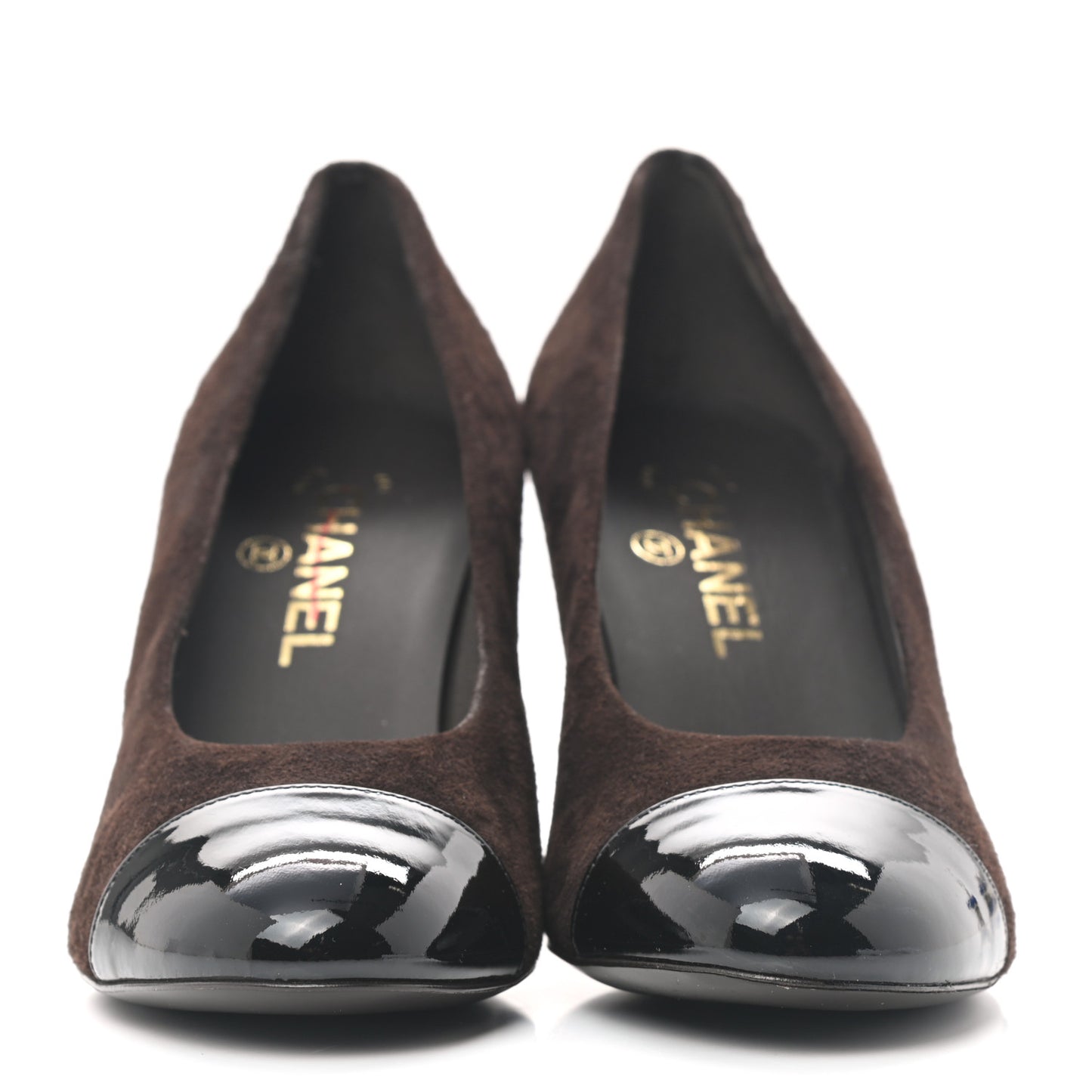 Kid Suede Patent Calfskin Cap Toe CC Pumps 38 Brown Black