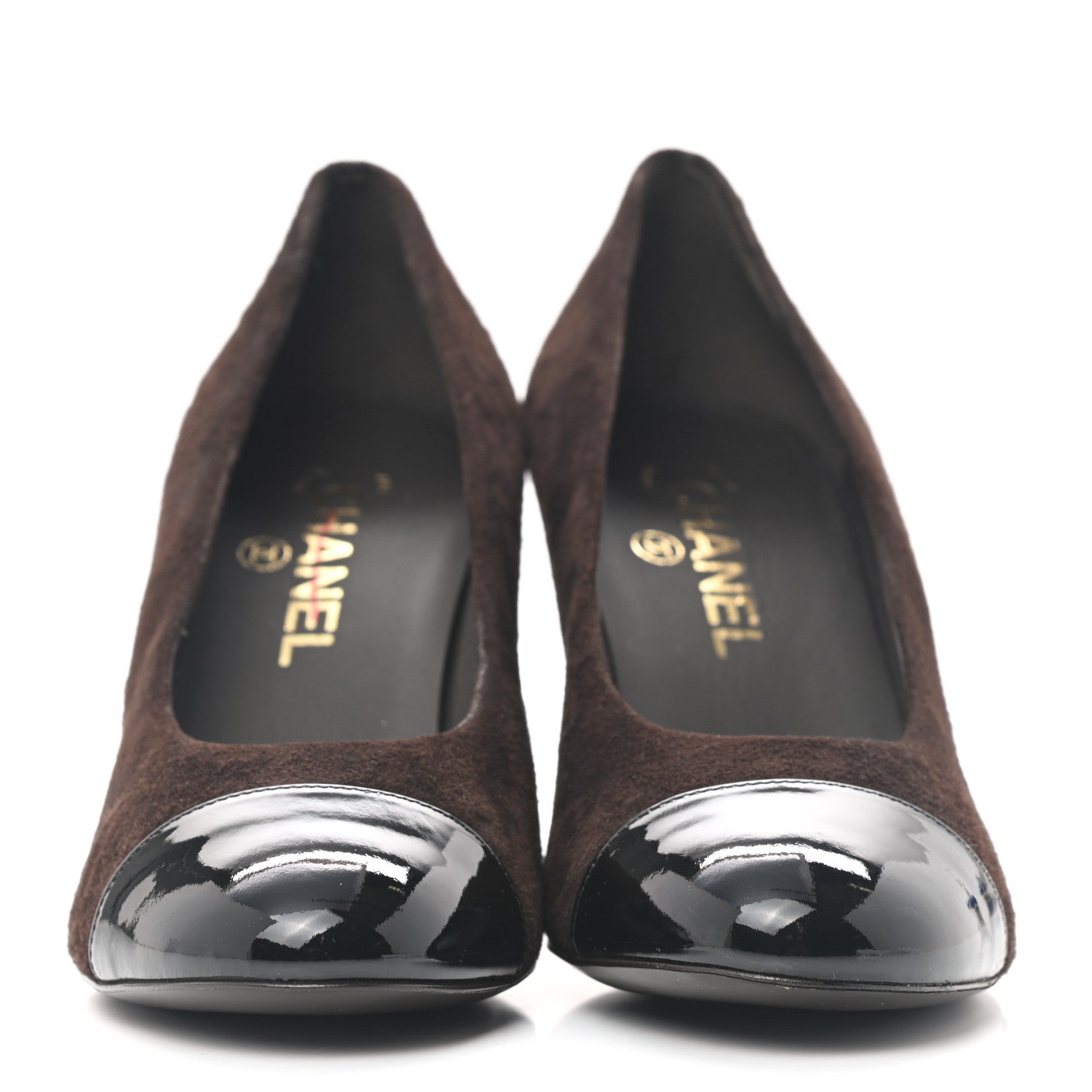 Chanel Kid Suede Patent Calfskin Cap Toe CC Pumps 38 Brown Black 2 of 8