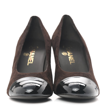 Chanel Kid Suede Patent Calfskin Cap Toe CC Pumps 38 Brown Black 2 of 8
