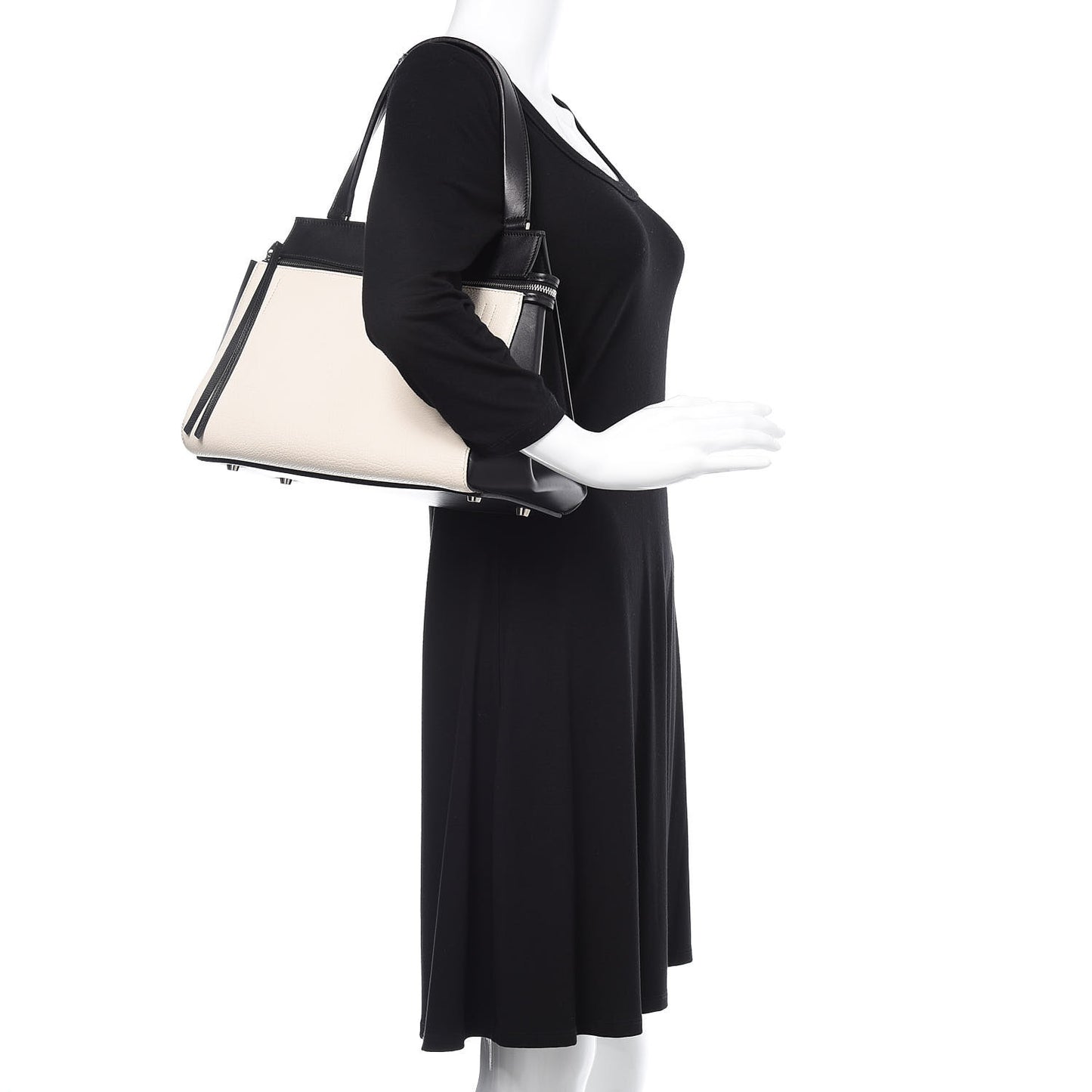 Textured Calfskin Small Bi-Color Edge Shoulder Bag Black Cream