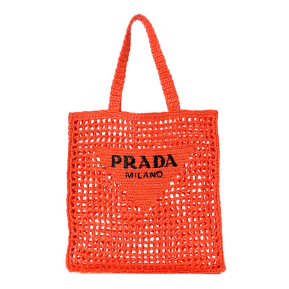 Prada Yarn Raffia Effect Crochet Logo Embroidered Tote Bag Arancio 1 of 9