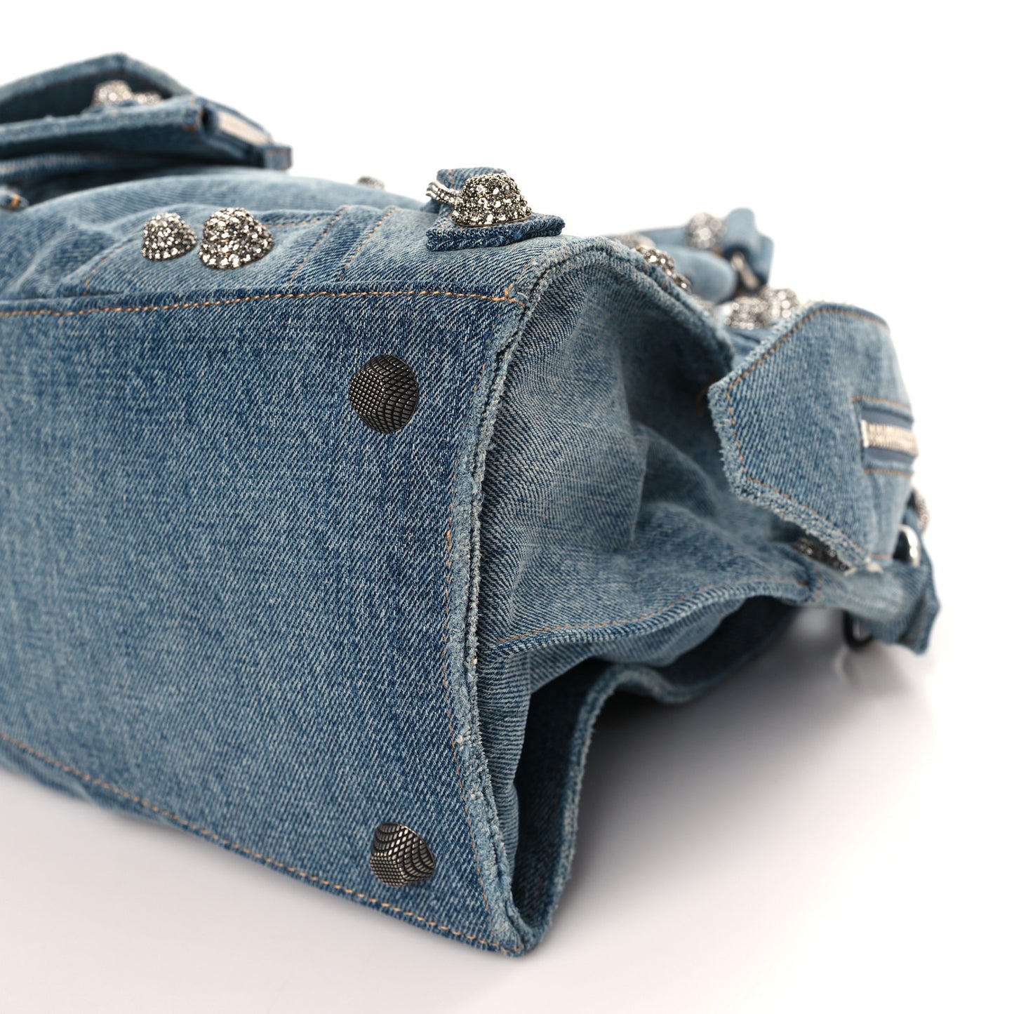 Washed Frayed Denim Crystal Neo Cagole City Handbag Blue