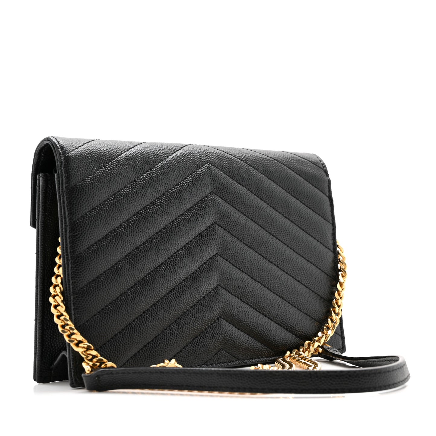 Grain De Poudre Matelasse Chevron Monogram Envelope Chain Wallet Black