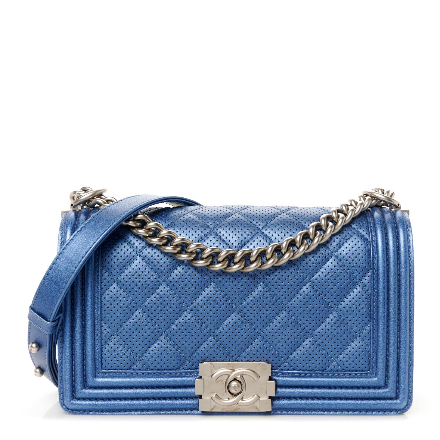 Chanel Metallic Lambskin Perforated Quilted Medium Boy Flap Blue 1 of 14