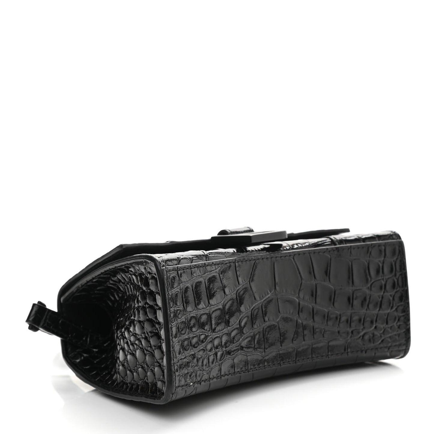 Shiny Calfskin Monochrome Crocodile Embossed Hourglass Top Handle Bag XS Black