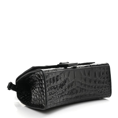 Balenciaga Shiny Calfskin Monochrome Crocodile Embossed Hourglass Top Handle Bag XS Black 4 of 10