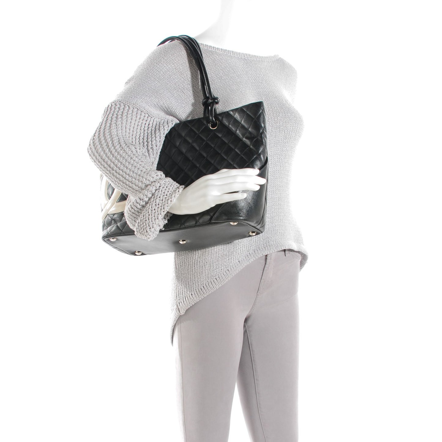 Calfskin Quilted Large Cambon Tote Black White