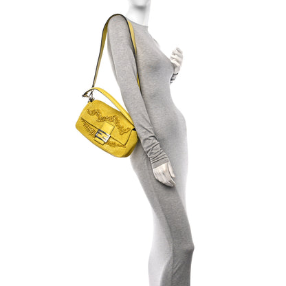 Fendi Rolling Stone Vitello Seta Bead Embroidered Re-Edition Baguette Giallo 2 of 9