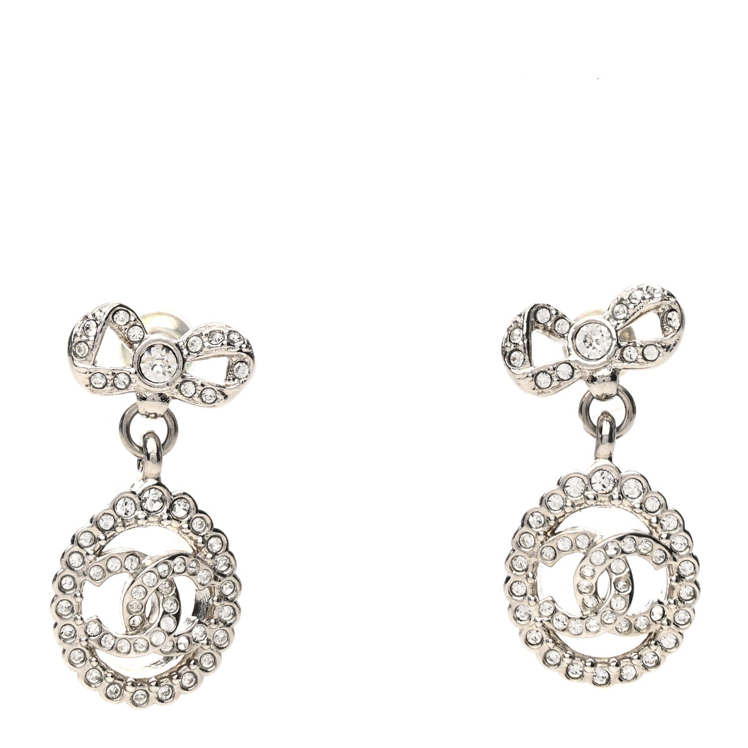 Chanel Crystal CC Bow Round Drop Earrings Silver 1 of 5