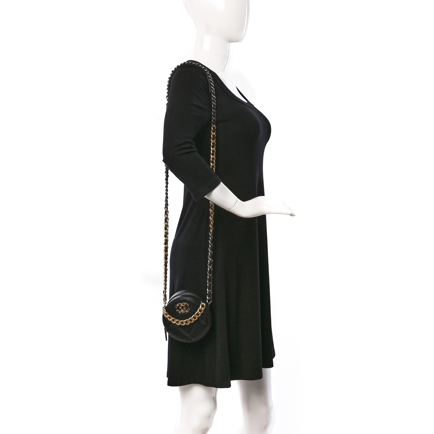 Chanel Shiny Goatskin Quilted Chanel 19 Round Clutch With Chain Black 3 of 11