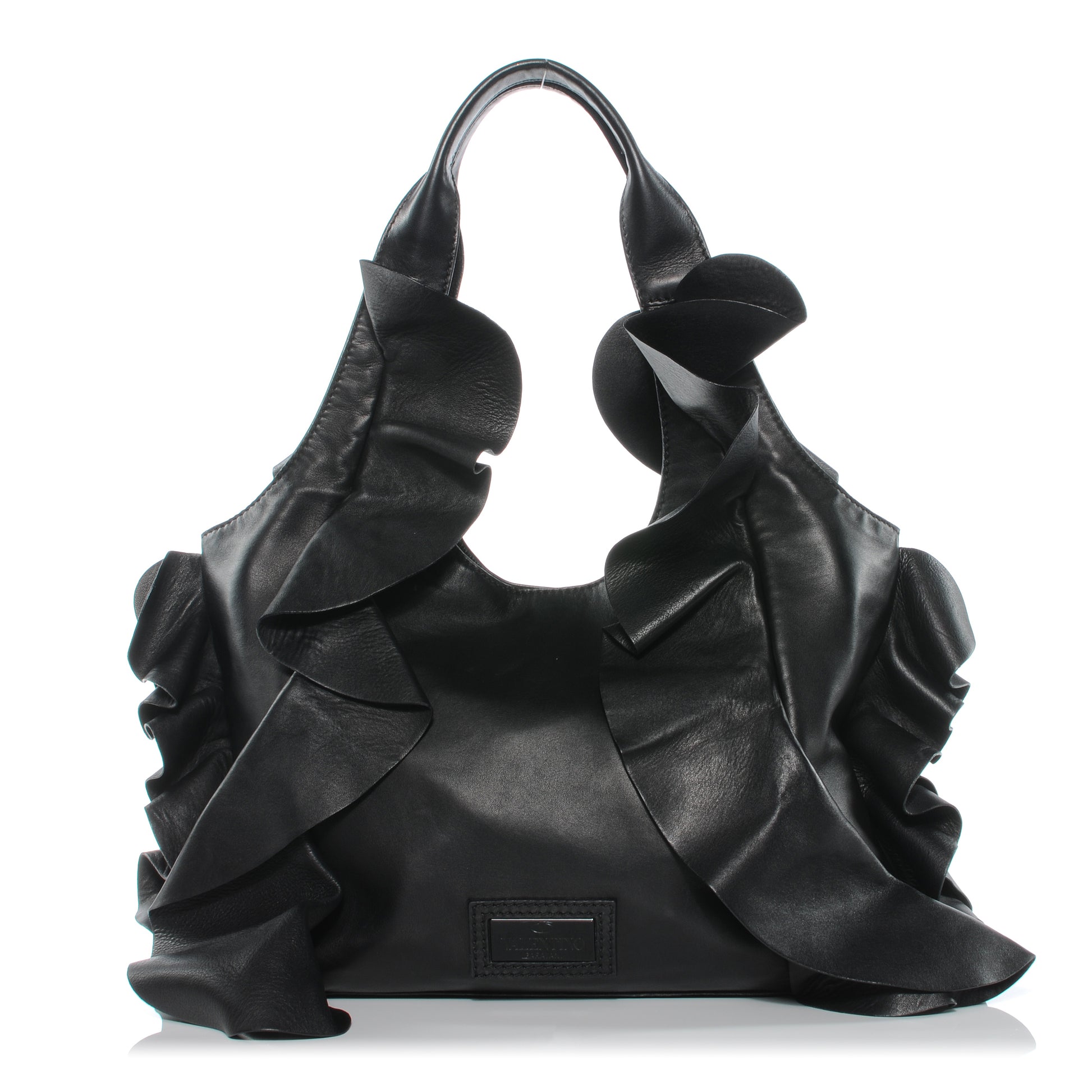 Valentino Garavani Nappa Leather Ruffled Hobo Black 1 of 9