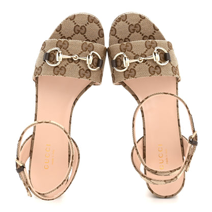 Gucci Monogram Nappa Chalotte Horsebit Ankle Strap 75mm Flatform Sandals 35 Beige Ebony 2 of 9