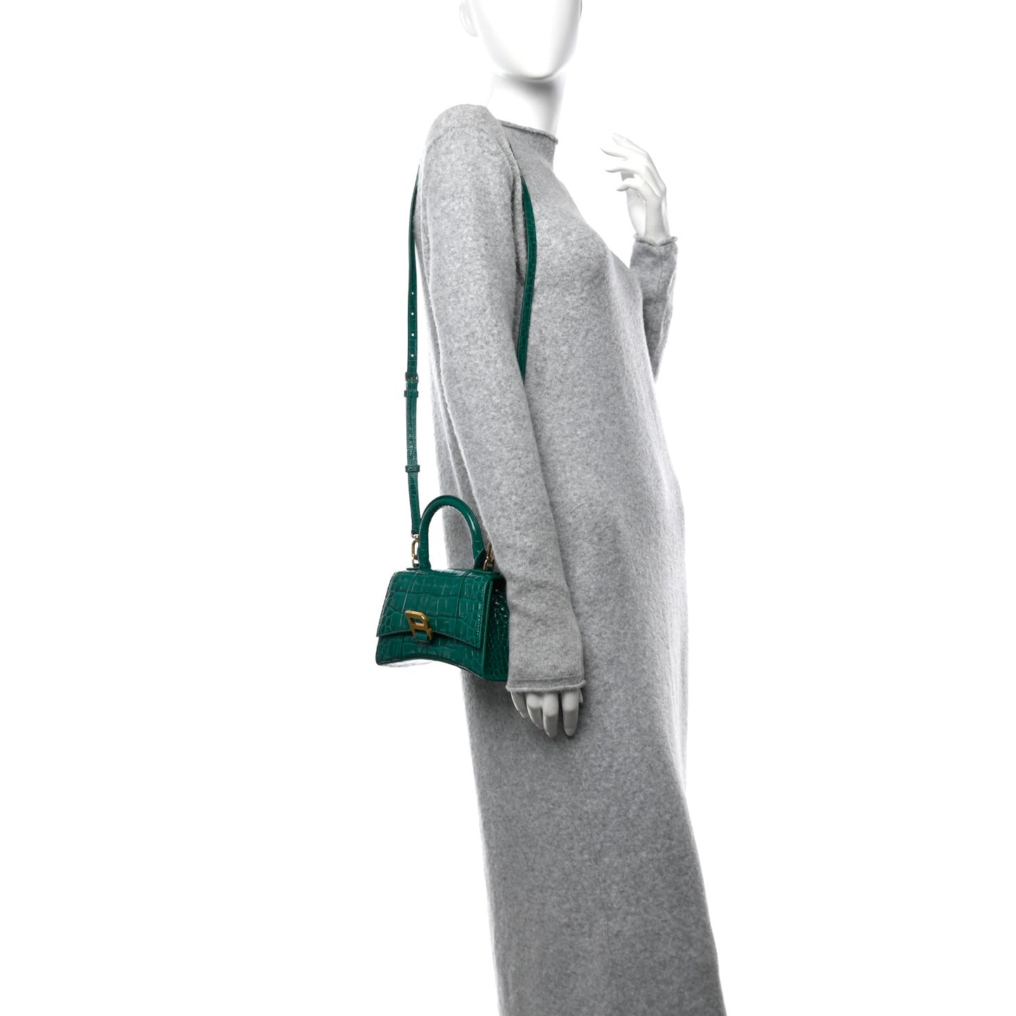 Shiny Calfskin Crocodile Embossed Hourglass Top Handle Bag XS Jade