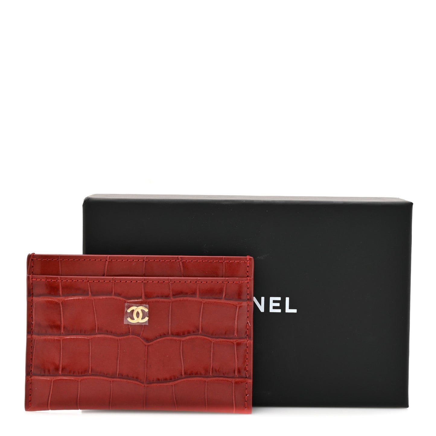Calfskin Crocodile Embossed Crococo Card Holder Burgundy