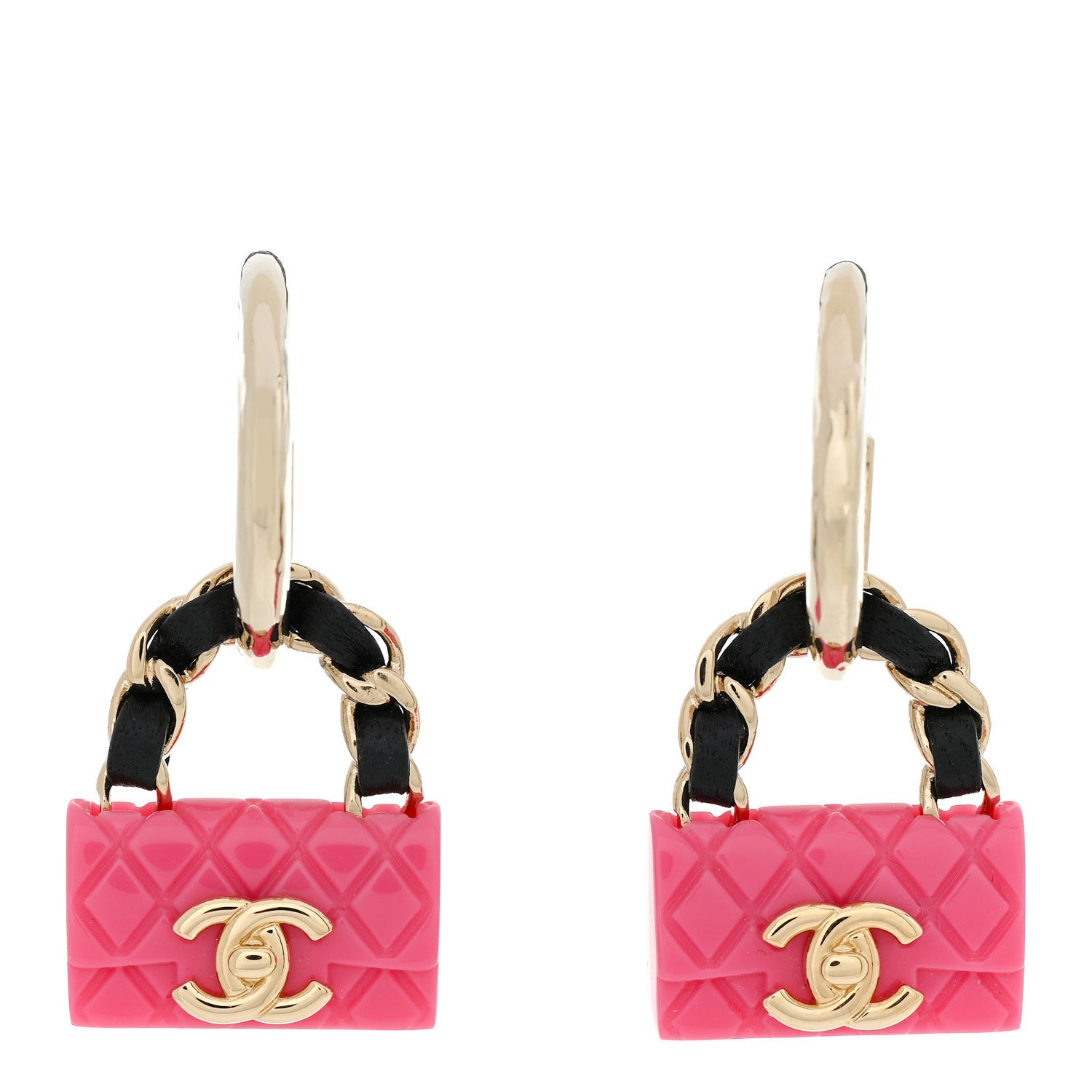 Chanel Metal Resin Lambskin Quilted CC Turnlock Chain Flap Bag Hoop Earrings Pink Gold 1 of 5