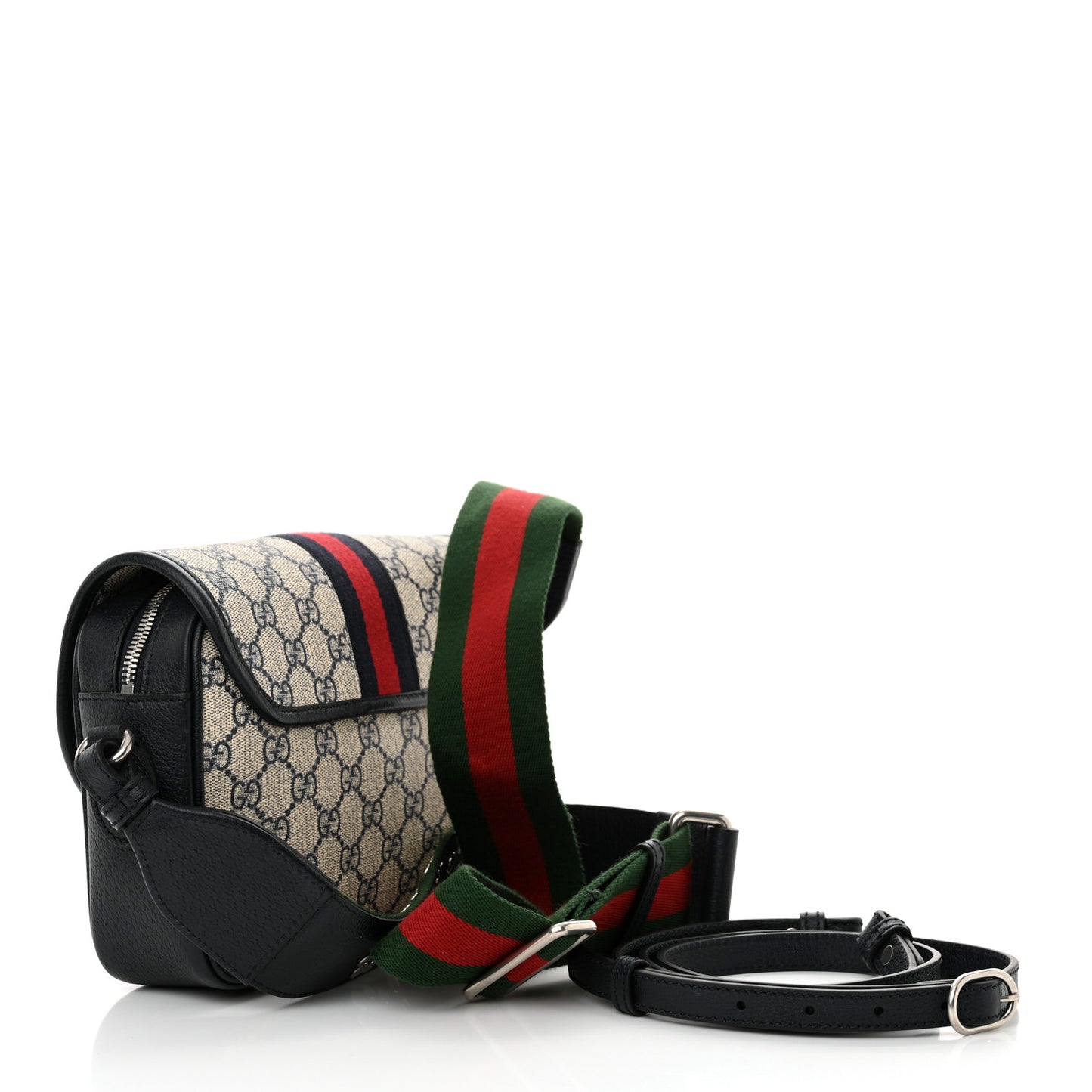 GG Supreme Monogram Textured Dollar Calfskin Web Studded Mini Ophidia Flap Shoulder Bag Beige Blue