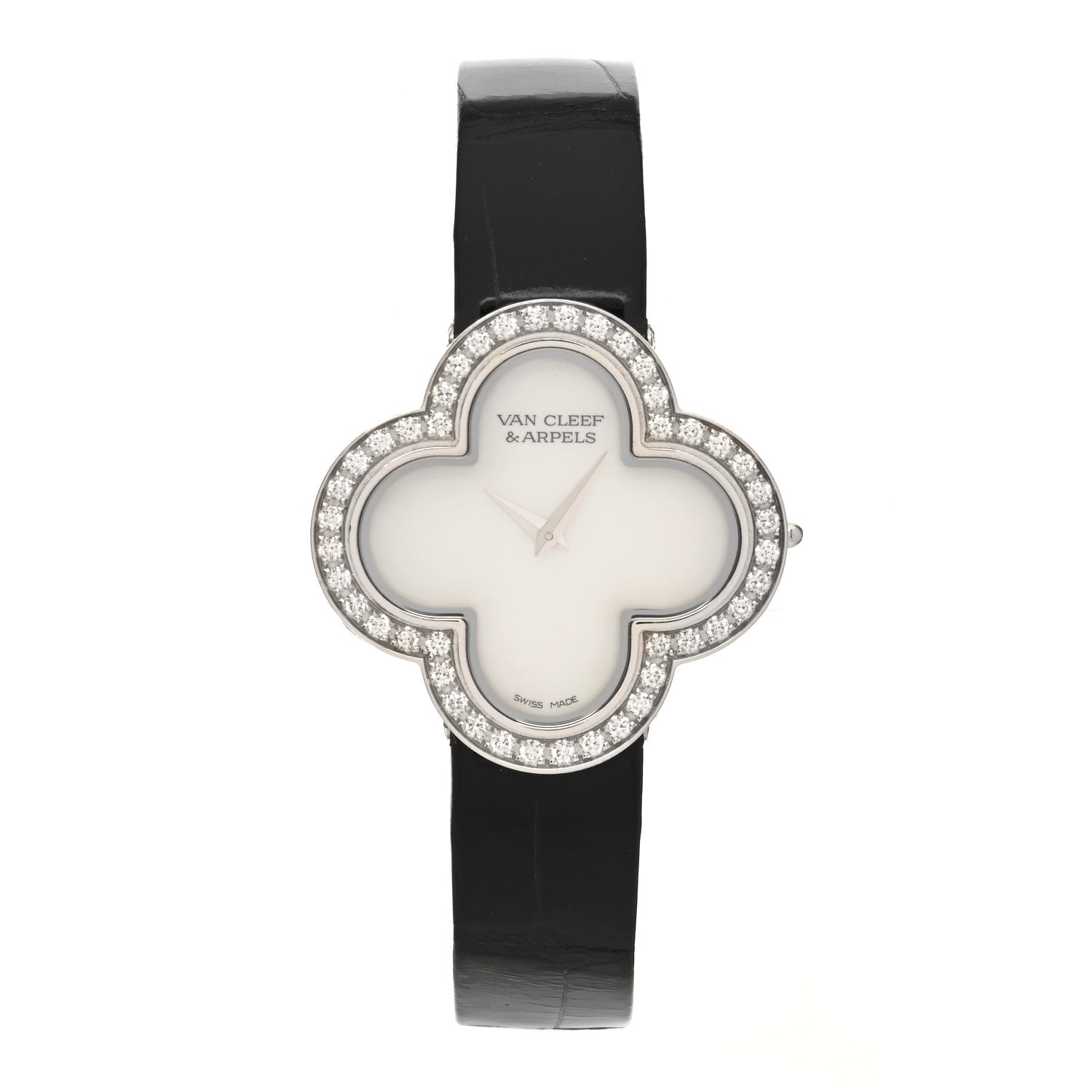 Van Cleef & Arpels 18K White Gold Alligator Diamond Bezel Mother of Pearl 30mm Alhambra Quartz Watch 1 of 5