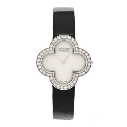 Van Cleef & Arpels 18K White Gold Alligator Diamond Bezel Mother of Pearl 30mm Alhambra Quartz Watch 1 of 5