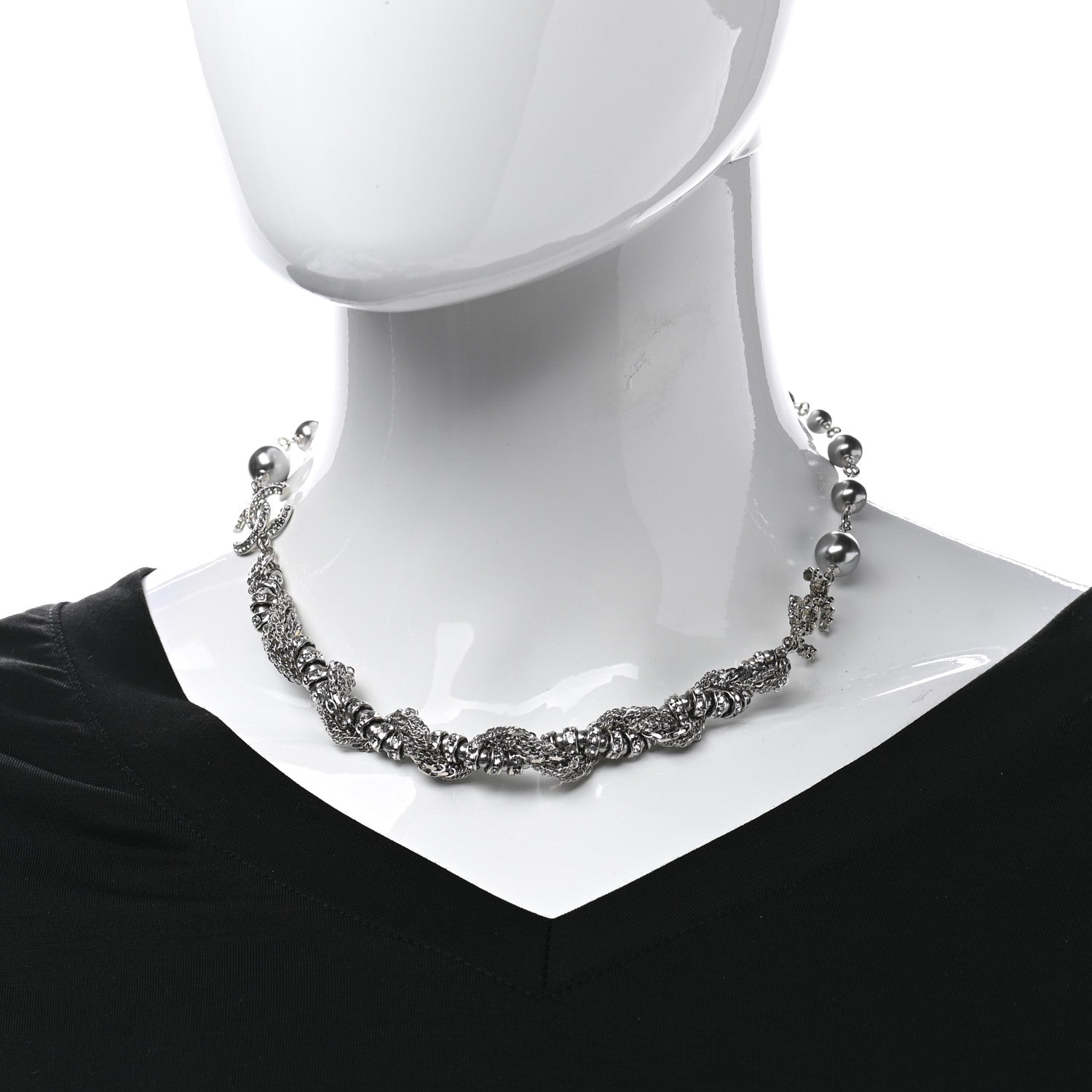 Chanel Pearl Crystal Chain CC Necklace Silver 2 of 5