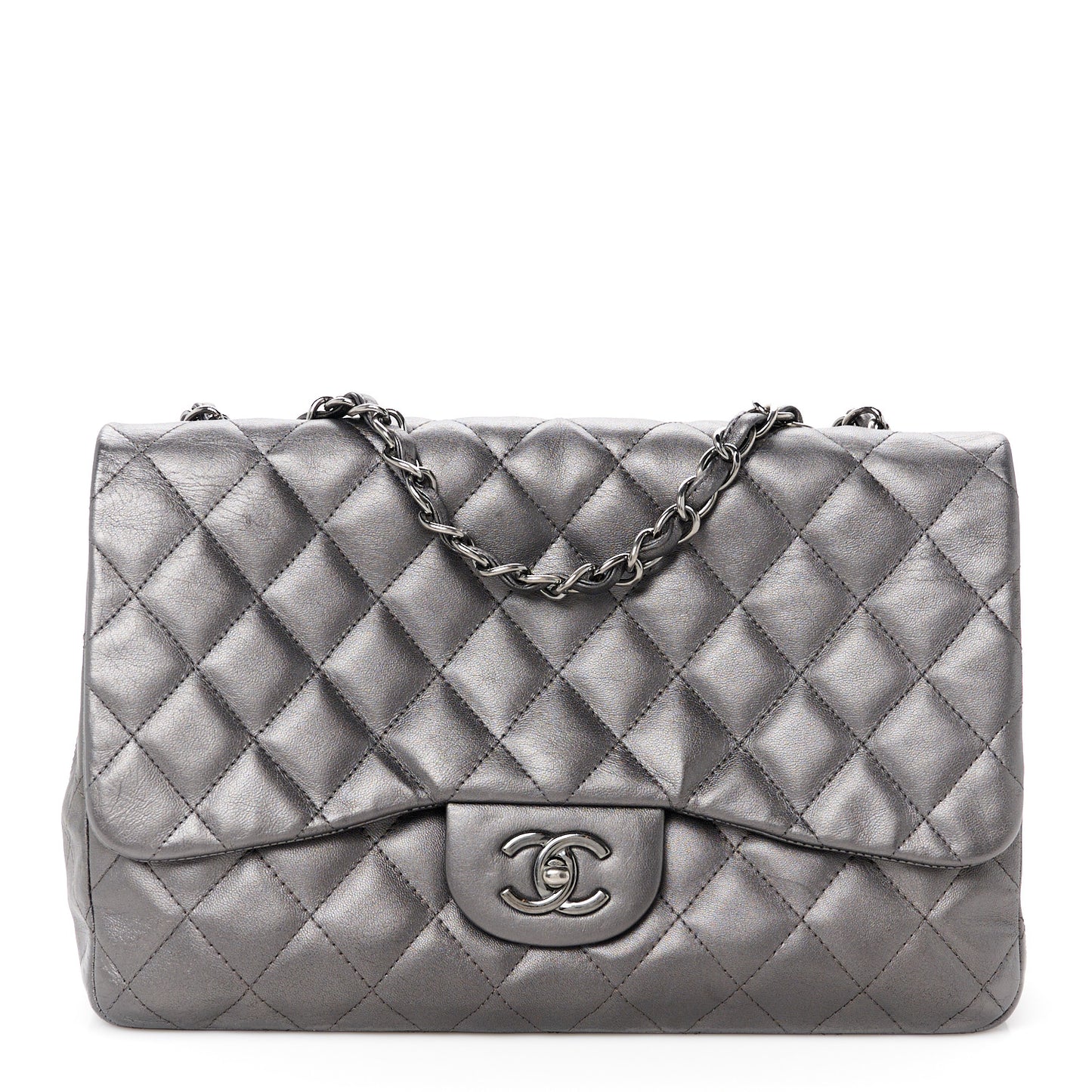 Metallic Lambskin Quilted Jumbo Single Flap Dark Grey