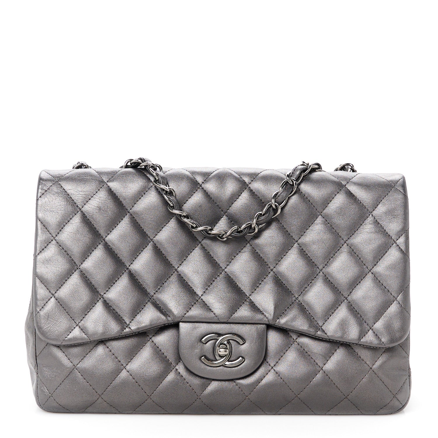 Chanel Metallic Lambskin Quilted Jumbo Single Flap Dark Grey 1 of 12