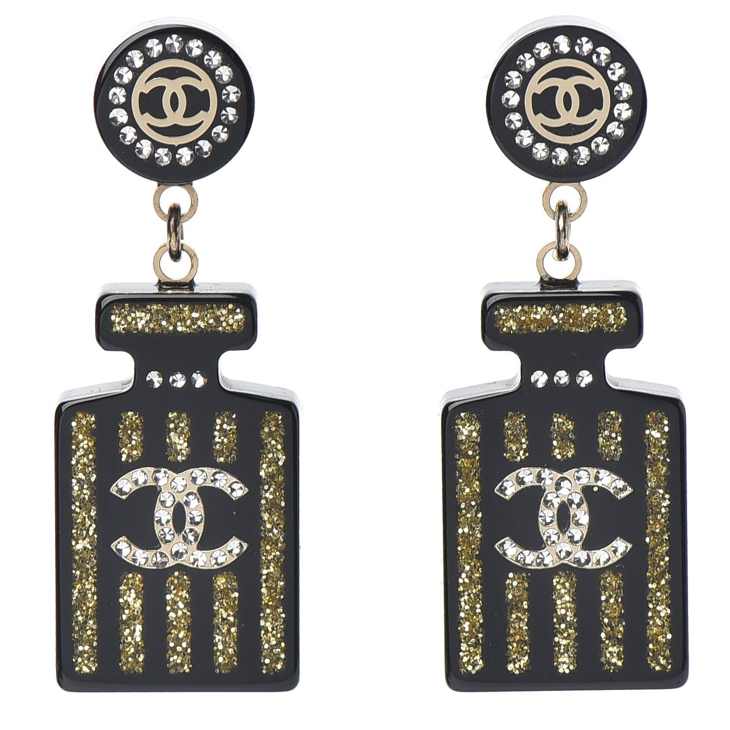 Resin Strass Perfume Bottle CC Earrings Black Gold