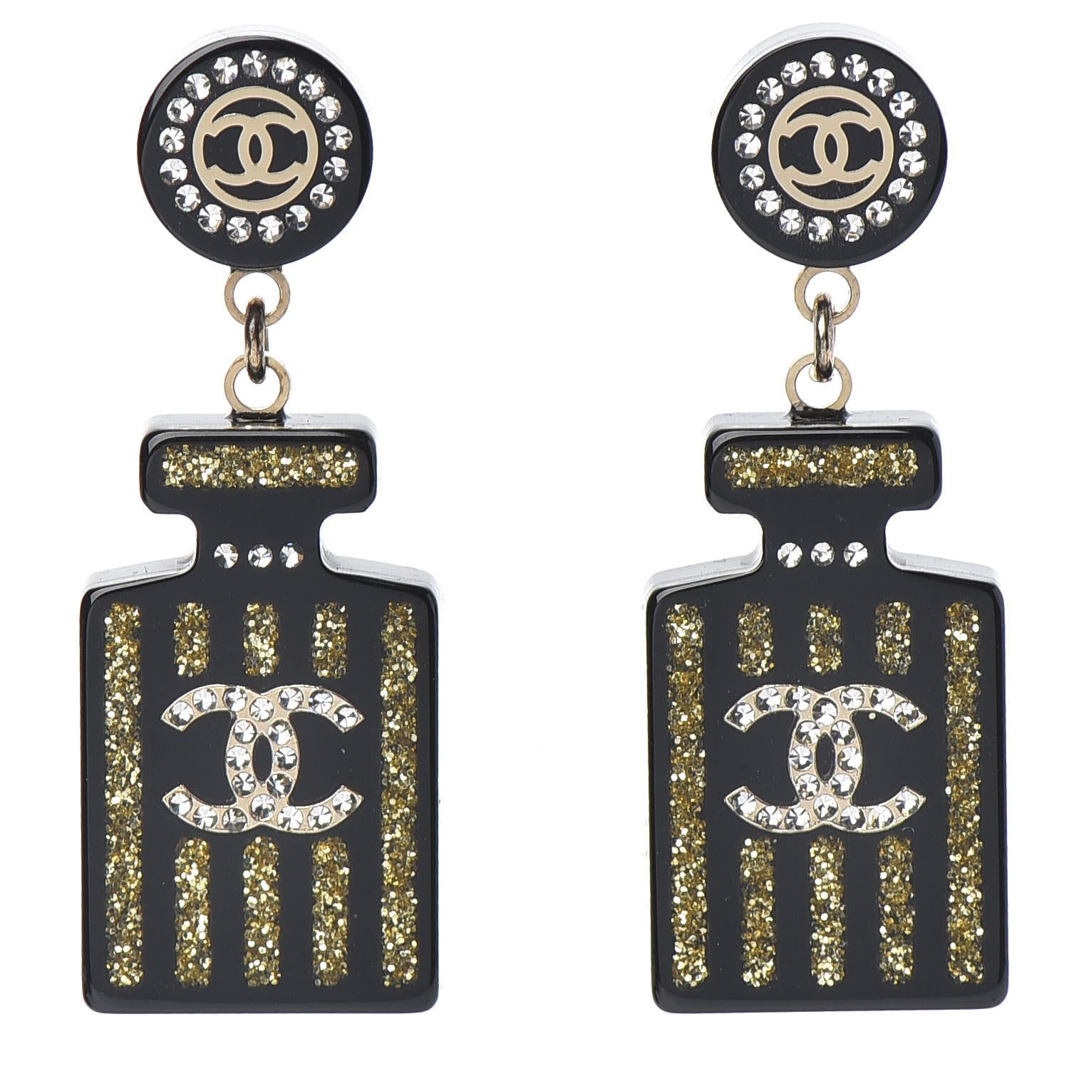 Chanel Resin Strass Perfume Bottle CC Earrings Black Gold 1 of 5