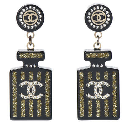 Chanel Resin Strass Perfume Bottle CC Earrings Black Gold 1 of 5