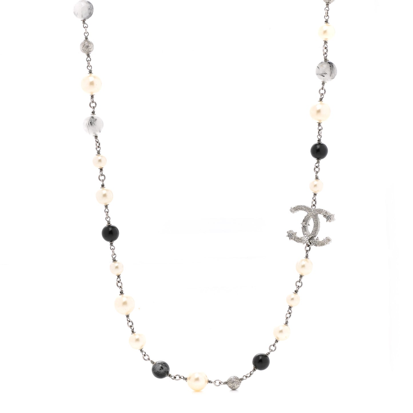 Pearl Beaded Star CC Long Necklace Silver