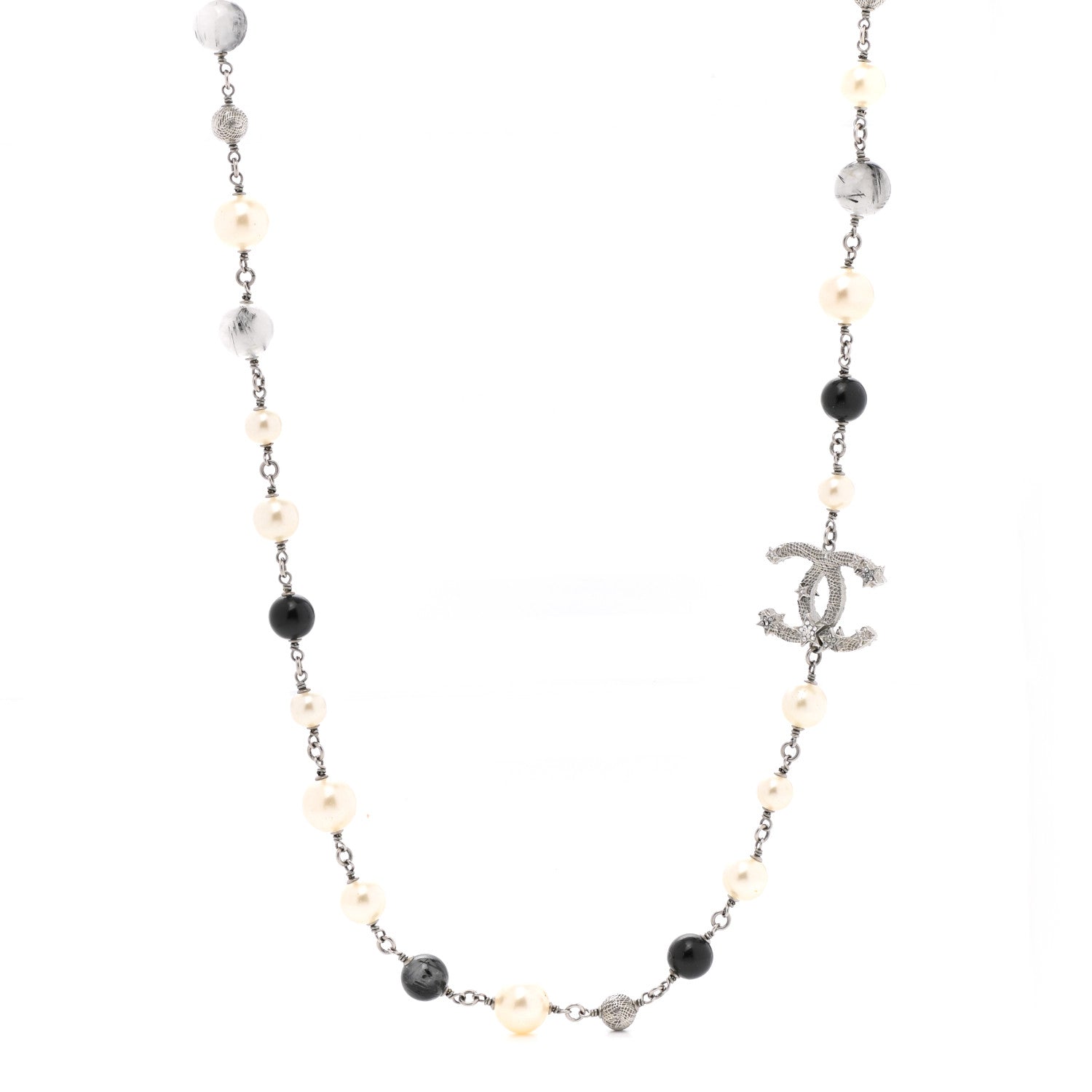 Chanel Pearl Beaded Star CC Long Necklace Silver 1 of 6