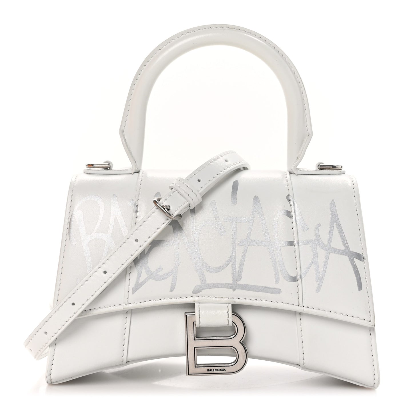 Box Calfskin Graffiti Logo Hourglass Top Handle Bag XS White Light Silver