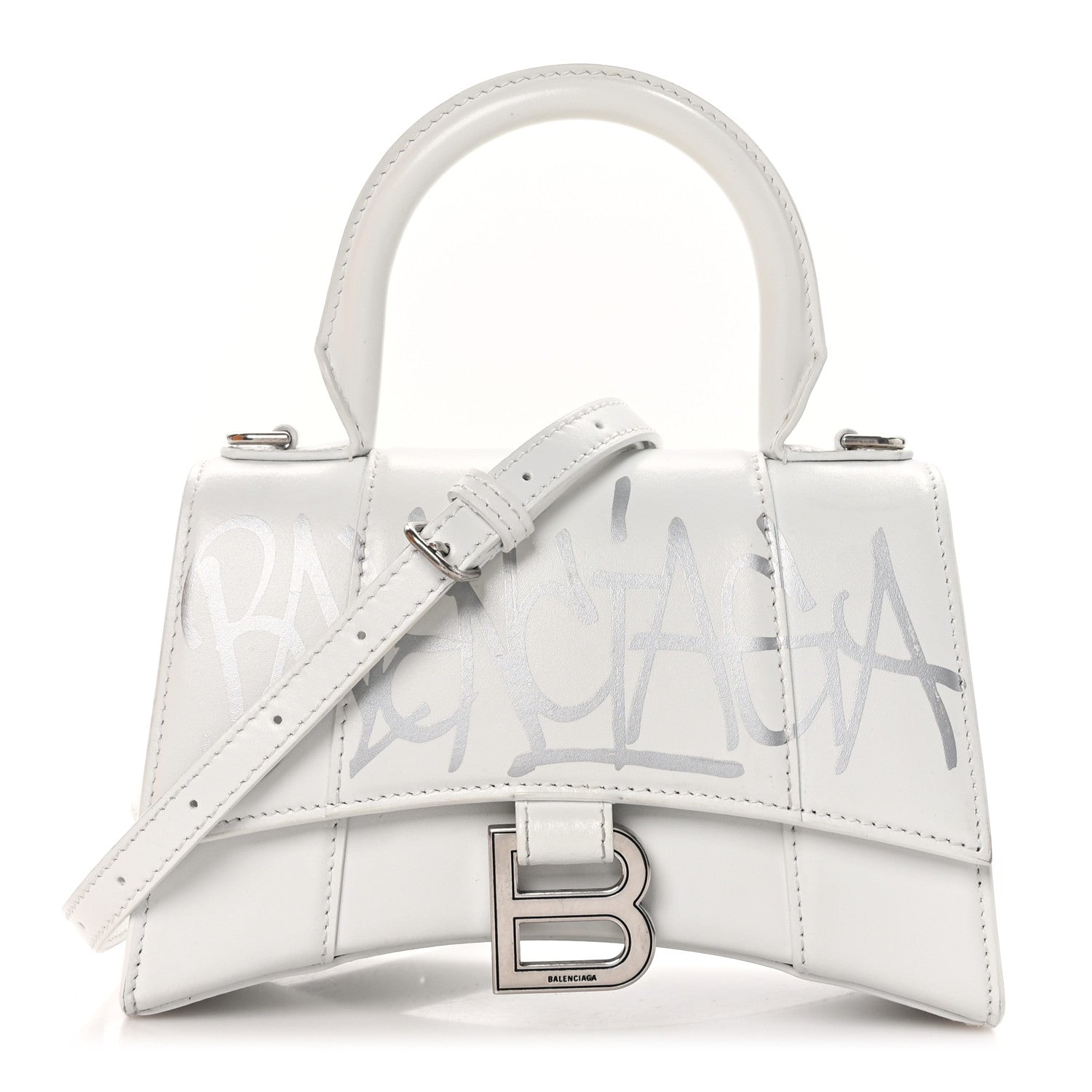 Balenciaga Box Calfskin Graffiti Logo Hourglass Top Handle Bag XS White Light Silver 1 of 11