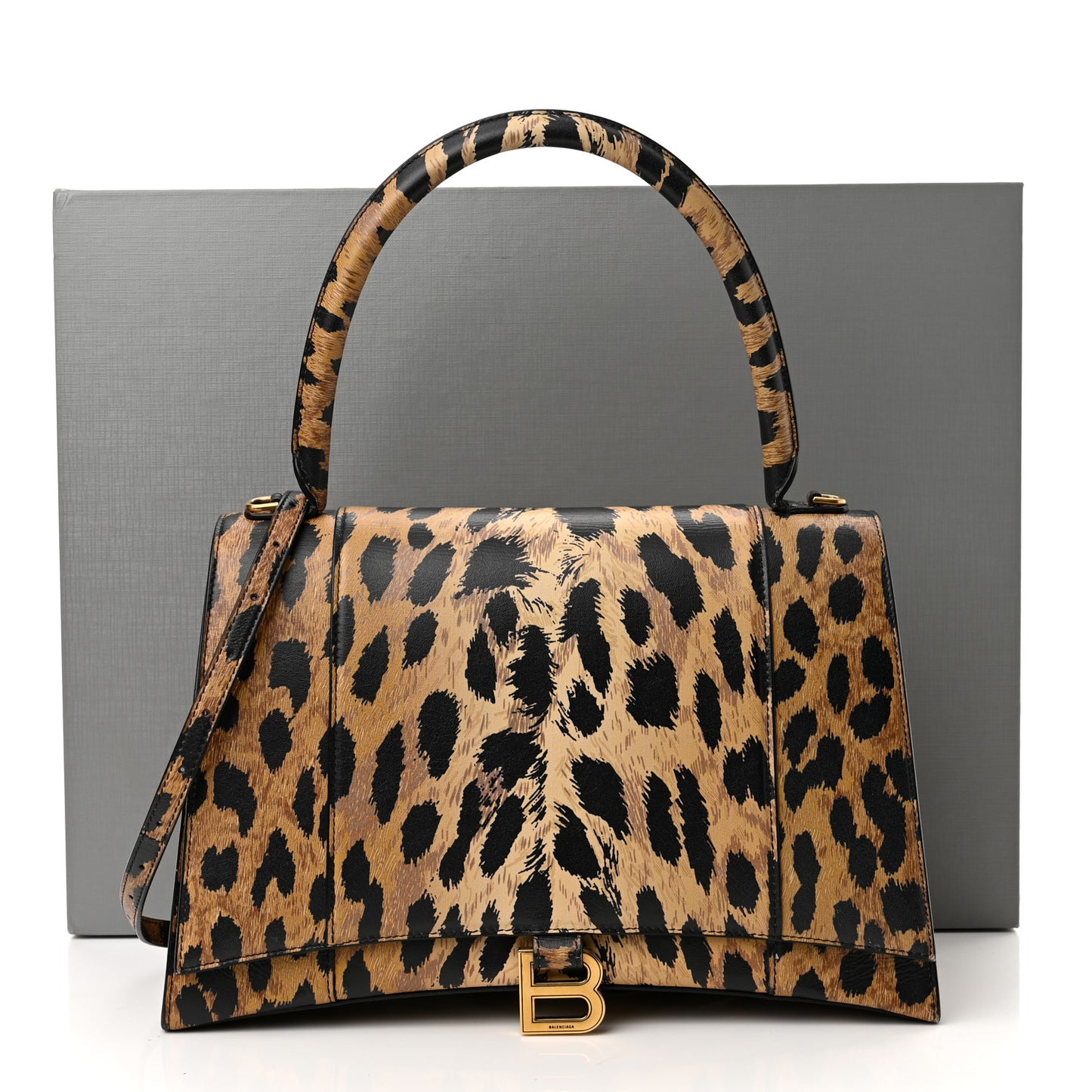 Smooth Calfskin Leopard Print Medium Hourglass Top Handle Bag Beige