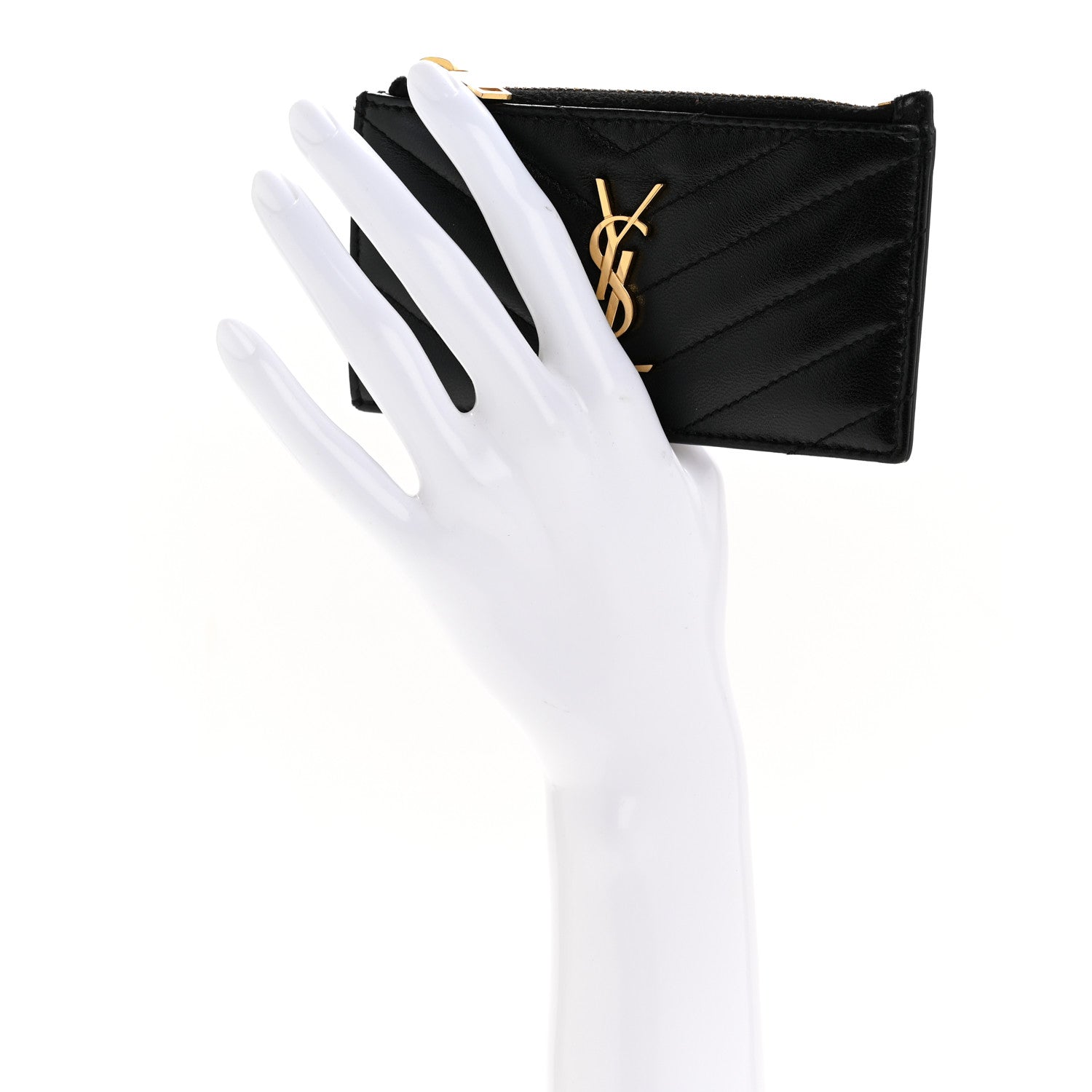 Saint Laurent Calfskin Matelasse Chevron Monogram Fragments Zippered Card Case Black 2 of 11