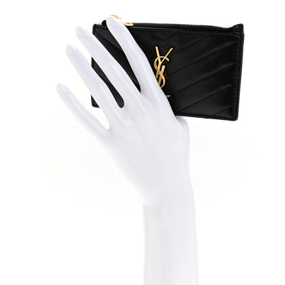 Saint Laurent Calfskin Matelasse Chevron Monogram Fragments Zippered Card Case Black 2 of 11