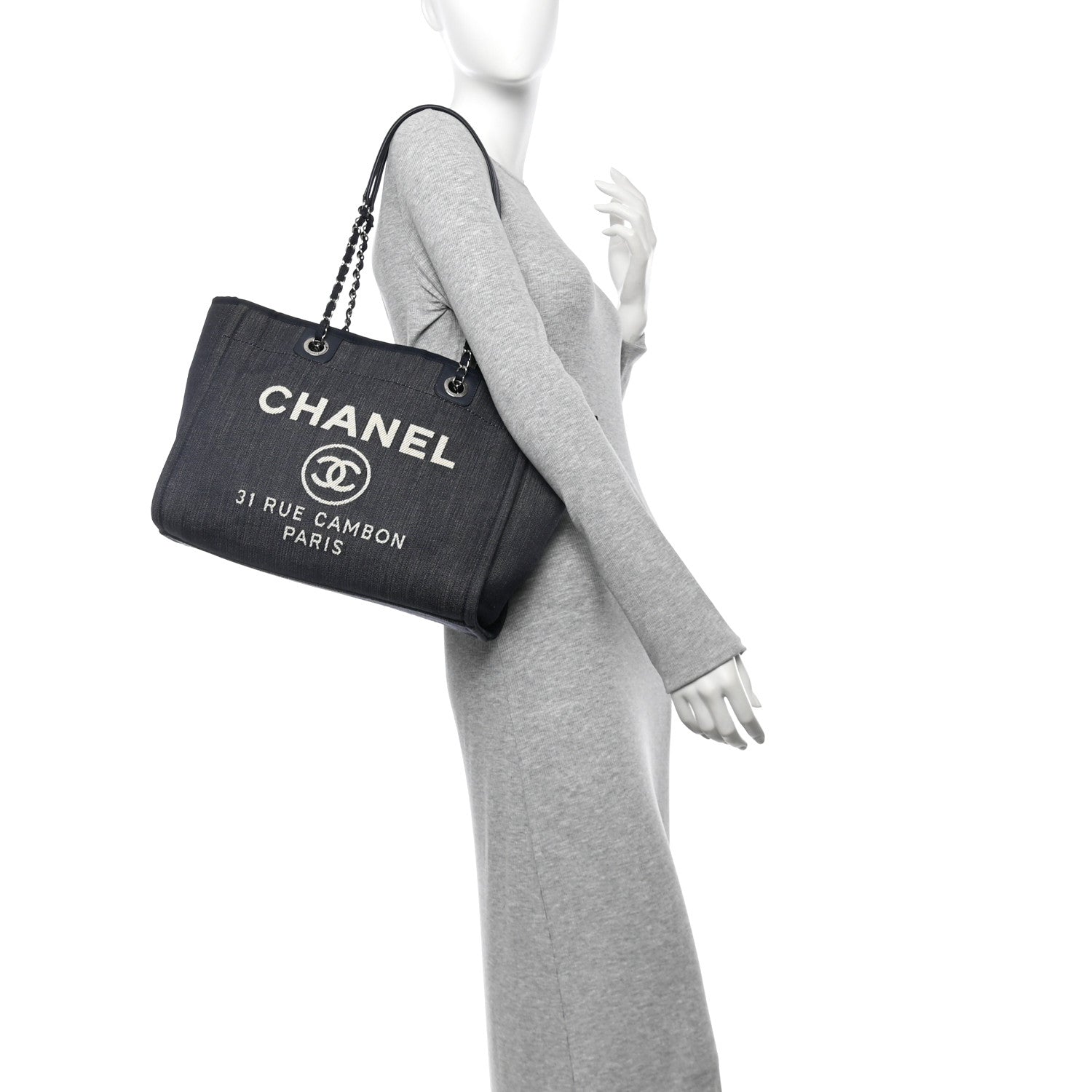 Chanel Denim Small Deauville Tote Dark Blue White 2 of 12