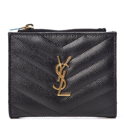 Saint Laurent Grain De Poudre Matelasse Chevron Monogram Zipped Card Case Black 1 of 8
