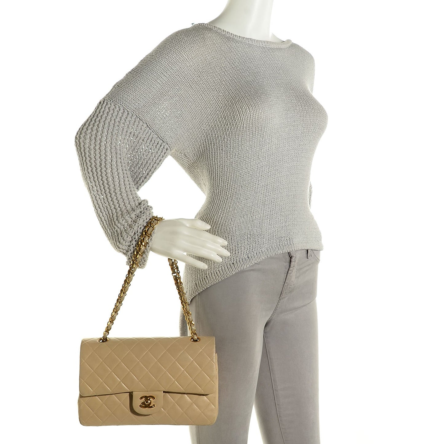 Lambskin Quilted Medium Double Flap Beige