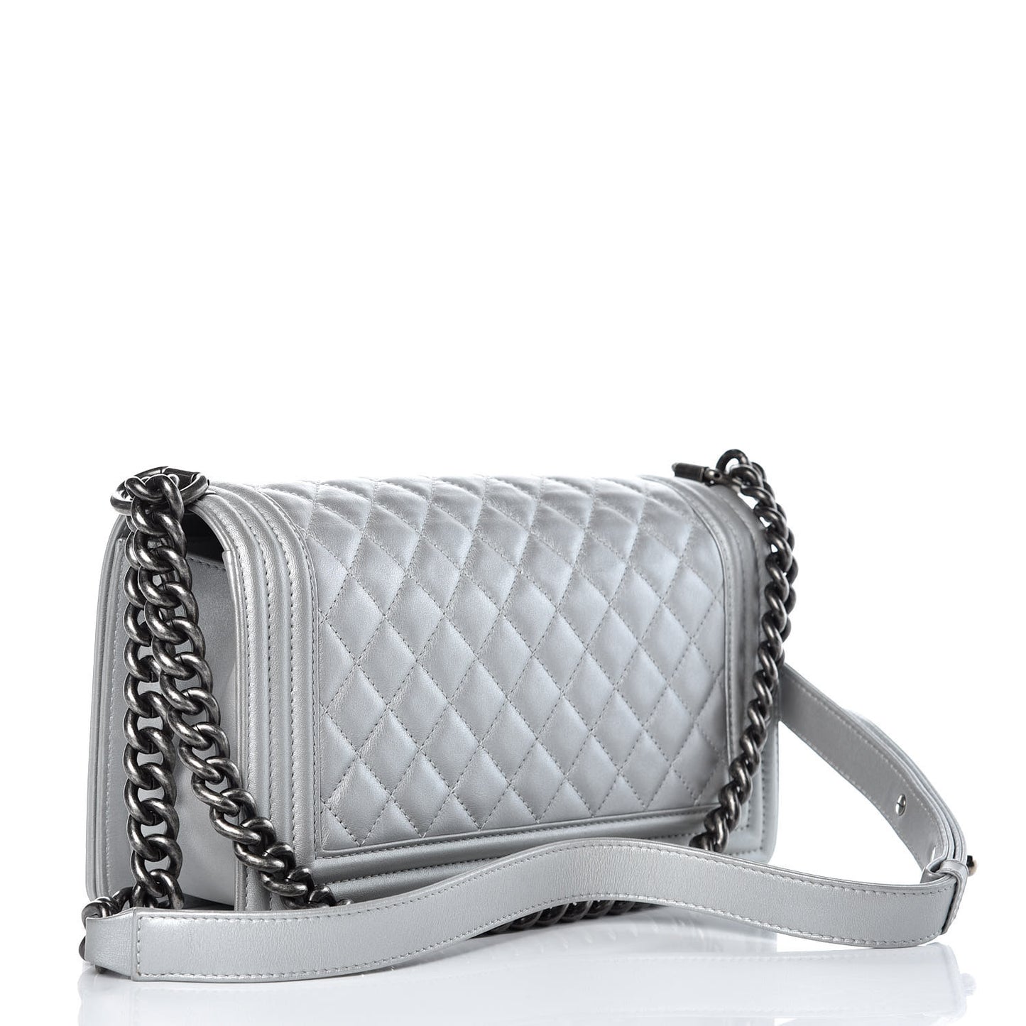 Metallic Calfskin Quilted Medium Boy Flap Silver