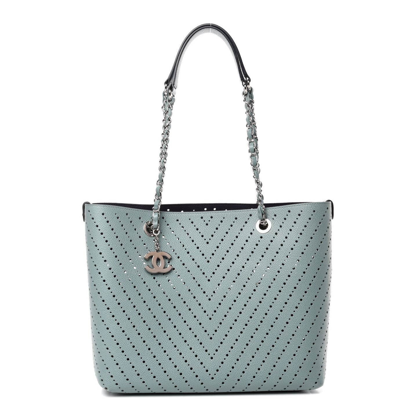 Perforated Grained Calfskin Large Shopping Tote Green
