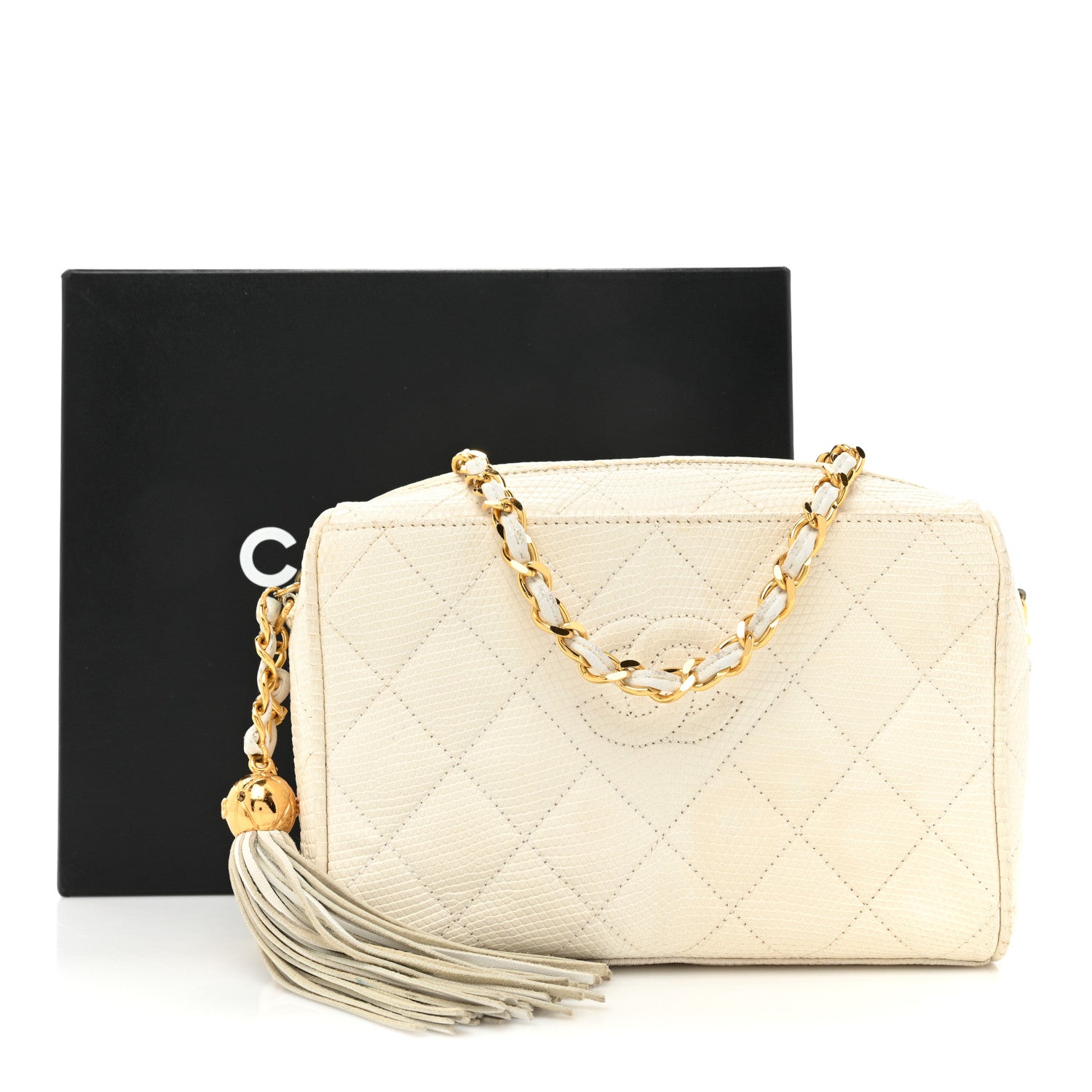 Chanel Lizard Diamond Quilted Tassel Camera Case White 21 of 21