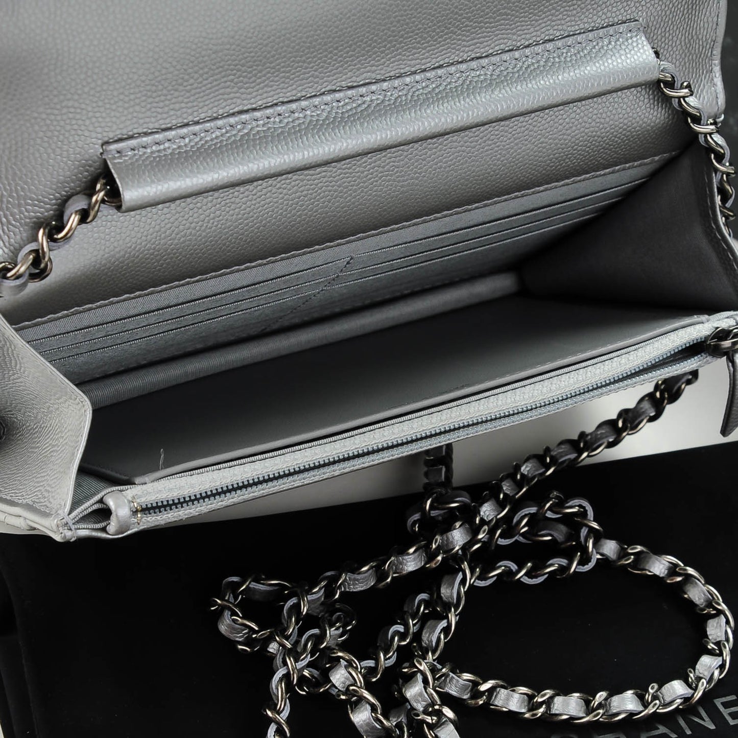 Caviar Chevron Quilted Boy Wallet On Chain WOC Silver