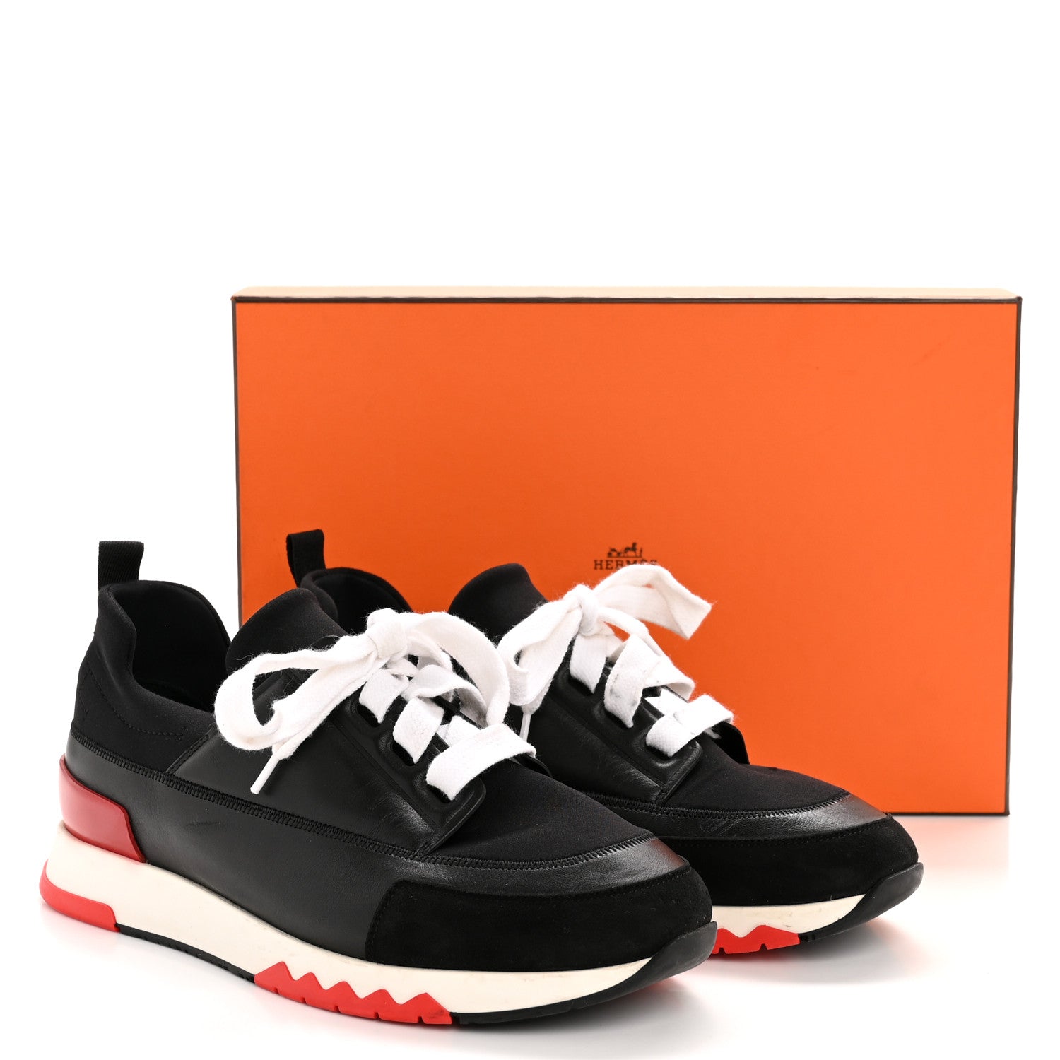 Hermes Calfskin Technical Canvas Suede Goatskin Womens Stadium Sneakers 37.5 Black 11 of 11